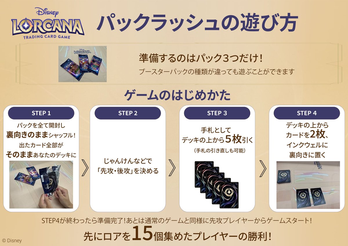 ディズニーロルカナのパックラッシュ紹介イラスト、カードとパックが並ぶ楽しげなシーン