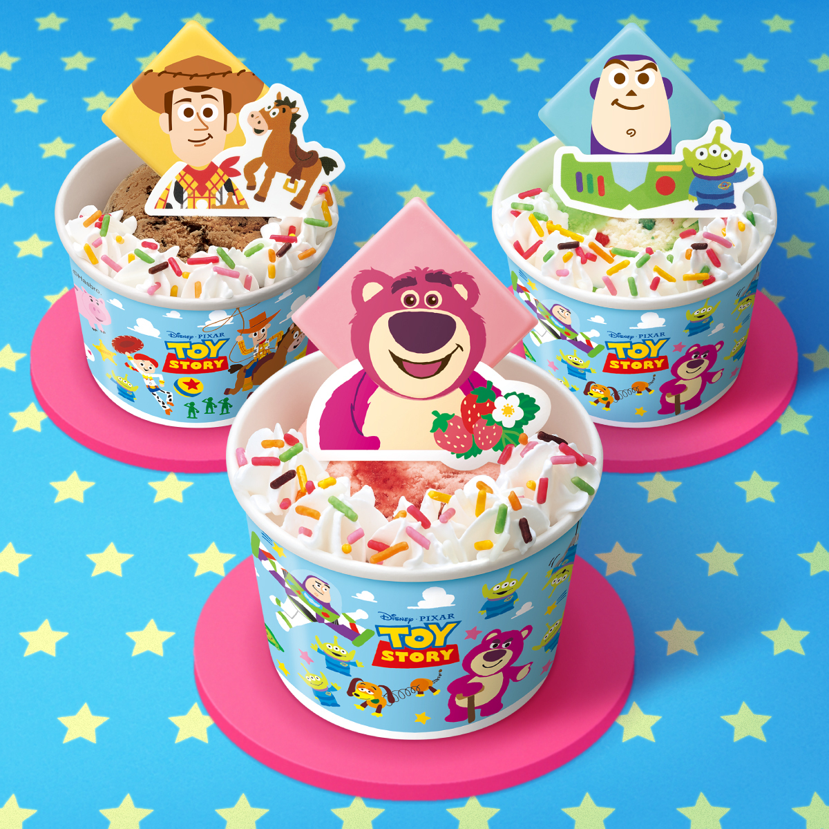 サーティワンアイスクリームのトイ・ストーリーサンデー、ウッディとバスのイラスト