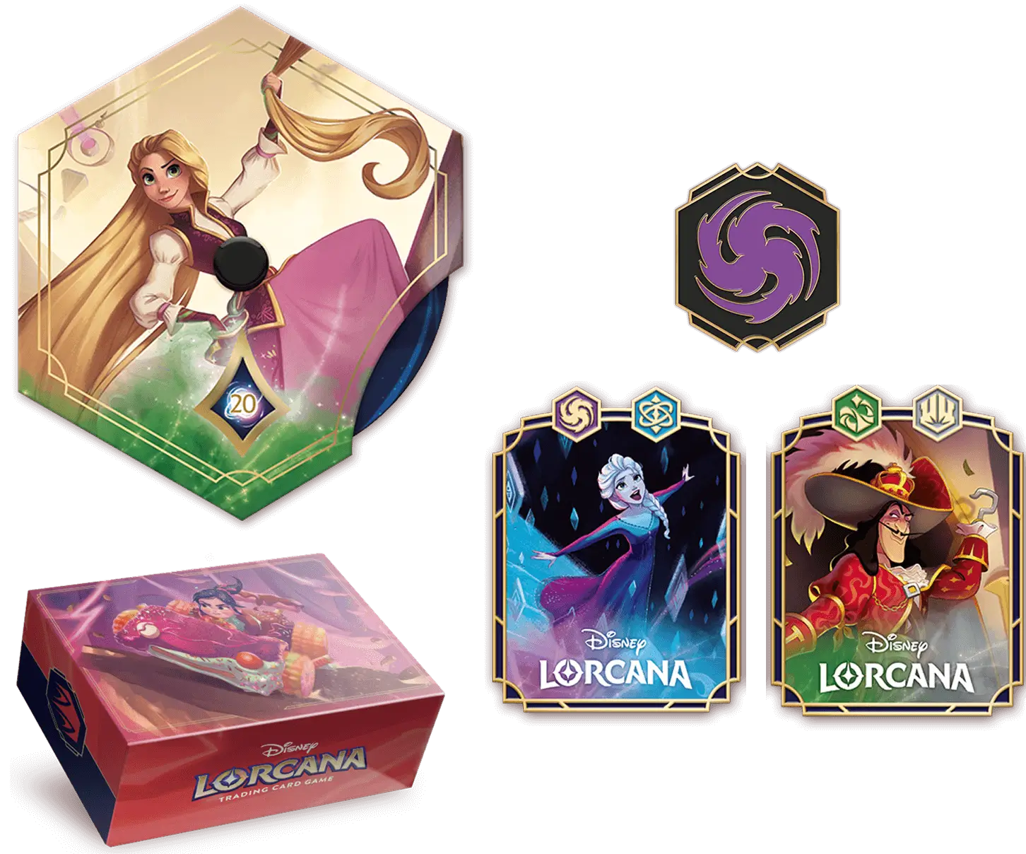 ピンバッジ《INTO THE UNKNOWN》ピンバッジ《フック船長 – 海賊王》ピンバッジ（インクシンボル – アメジスト）ロアカウンター《ラプンツェル – いと高き姫君》ストレージボックス《ヴァネロペ・フォン・シュウィーツ – 爆速スピードスター》 