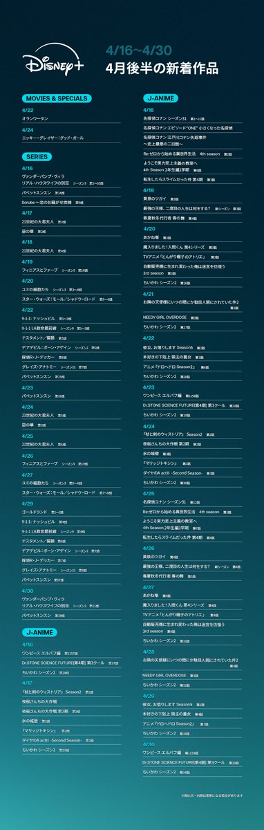 ディズニープラス4/16-4/30新着作品リスト
