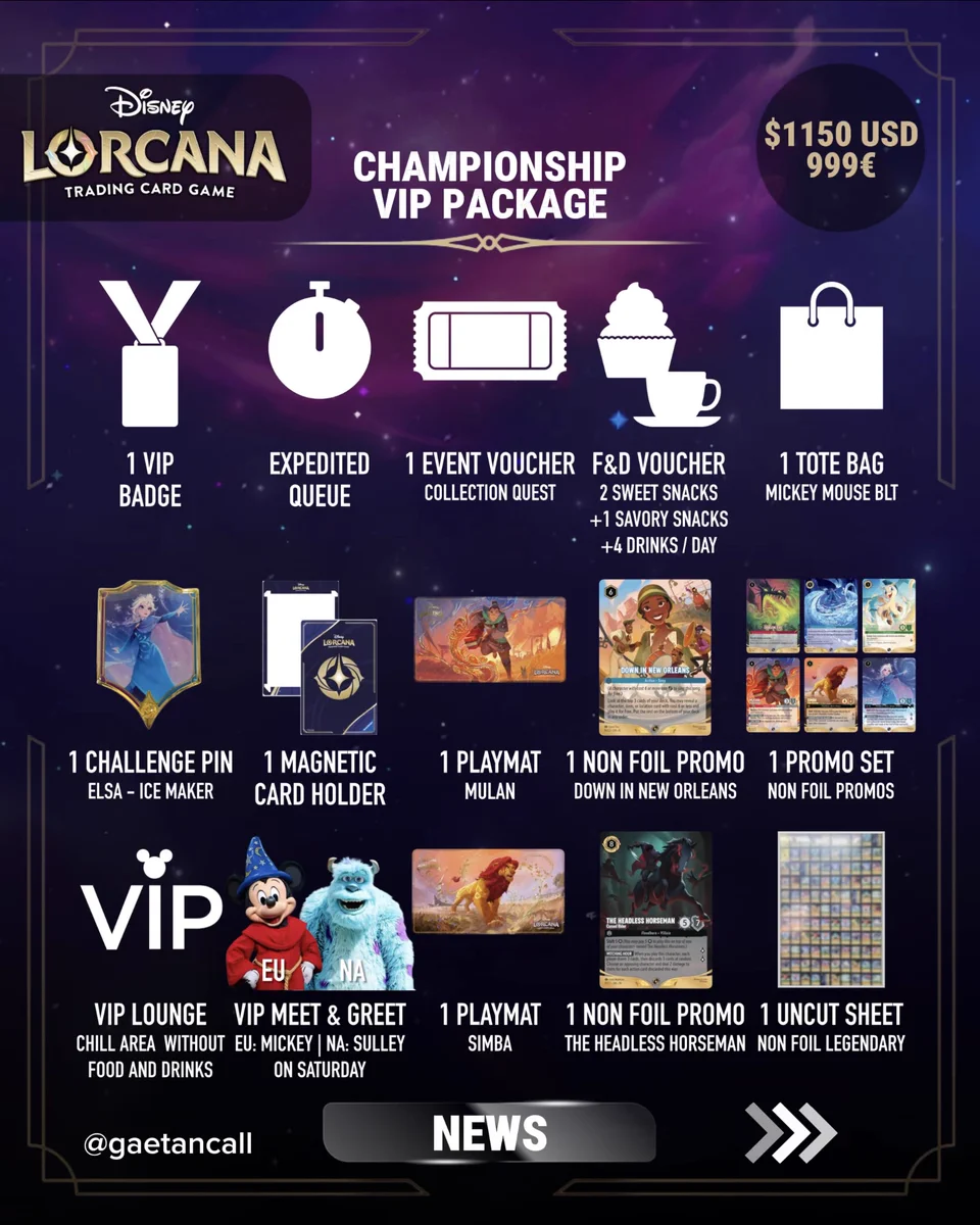 Post Gaetan Call on X: " NEWS | DISNEY LORCANA | PREMIUM & VIP PACKAGES | EUROPEAN & NORTH AMERICAN CHAMPIONSHIPS ️ On Sale: EU: July 25 at 5 PM CEST NA: July 26 at 8 AM PT / 11 AM ET ️ Sales & information: https://t.co/xrckNQAtwj #Lorcana #DisneyLorcana https://t.co/tQ6Q0YWTuo"
